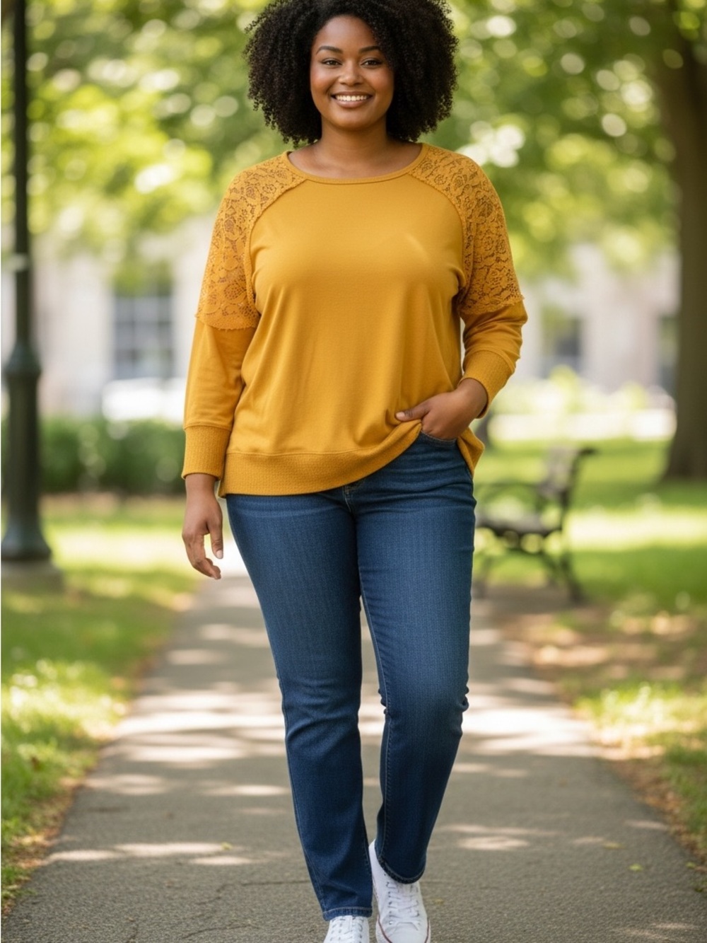 Women’s Lace-Shoulder Pullover Hoodie in Mustard
